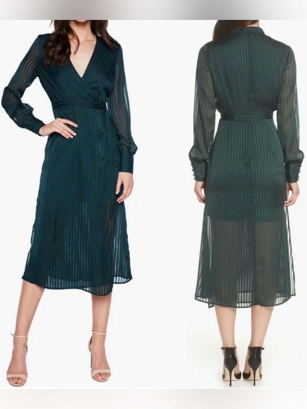 Bardot Emerald Green Shadow Stripe Faux Wrap Midi Dress